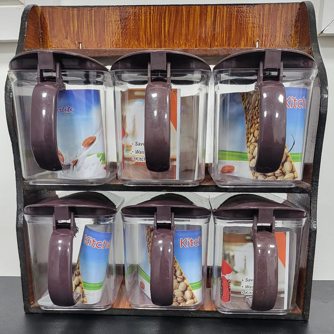 Wood Spice Rack with  Crystal Plastic Jars and spoons